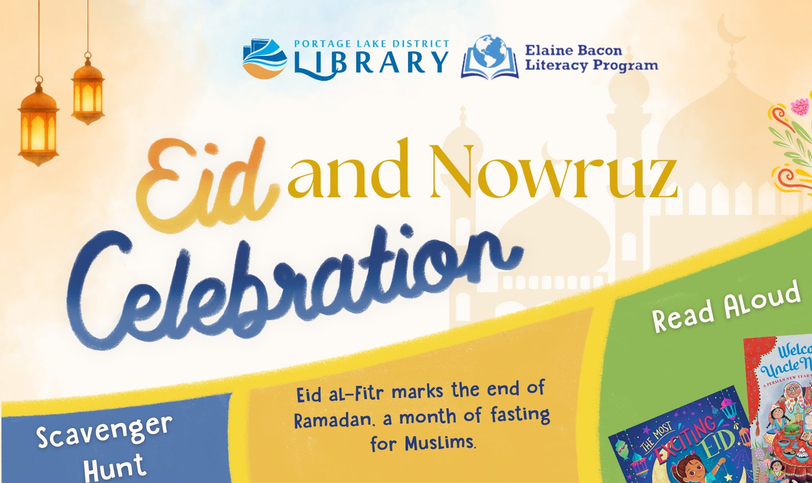 The top of the Eid and Nowruz Celebration flyer, with the Portage Lake District Library and Elaine Bacon Literacy Program logos.