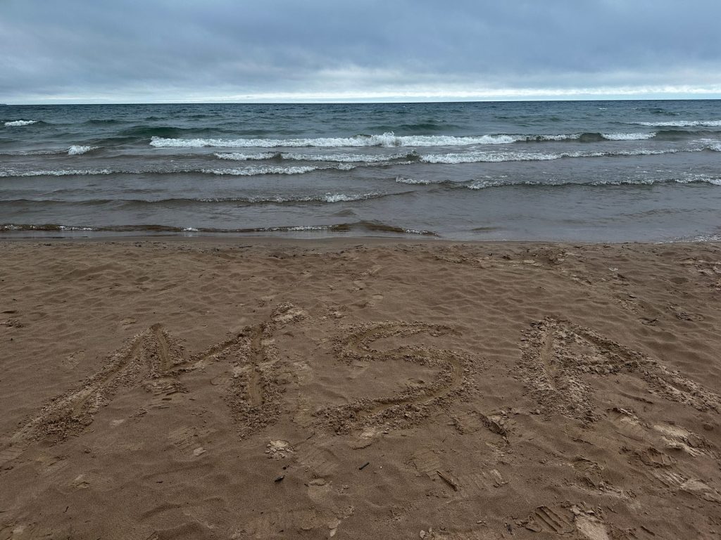 The letters MSA drawn large in wet sand, with grey waves rolling in behind under a cloudy sky.